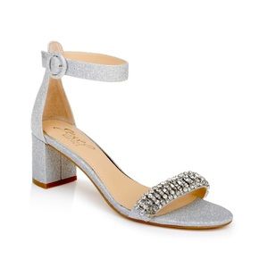 BADGLEY MISCHKA Womens JAMES Silver Glitter Ankle Strap Heels Size 8